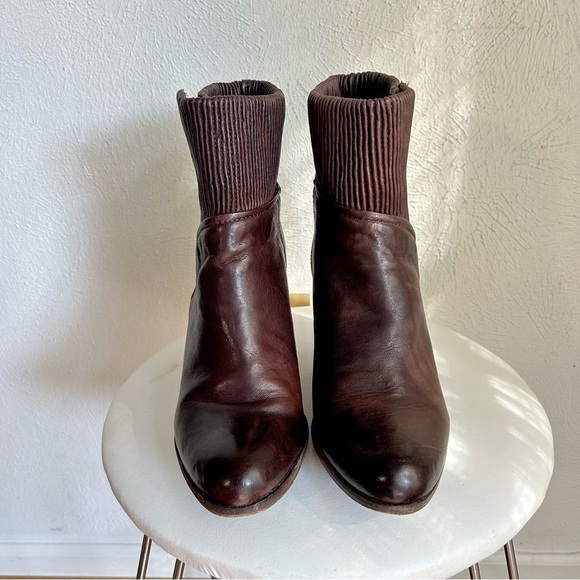 Frye 'Corby' Side Zip Ruched Brown Leather Wedge Ankle Boot Size 10 M - Picture 4 of 11